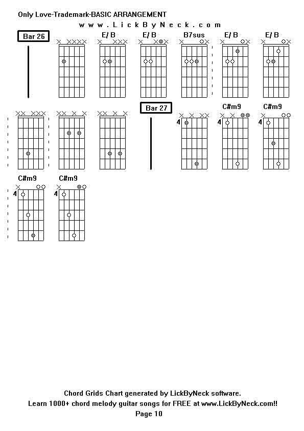 Chord Grids Chart of chord melody fingerstyle guitar song-Only Love-Trademark-BASIC ARRANGEMENT,generated by LickByNeck software.